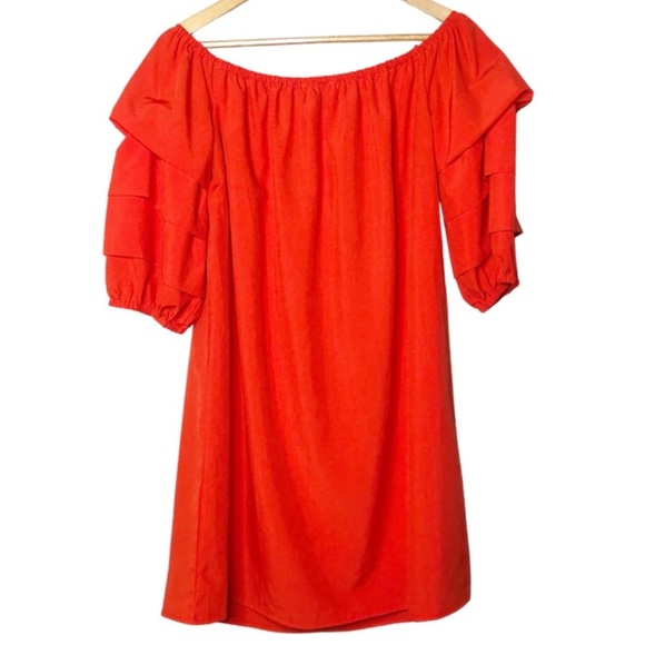Elodie Red Orange Off Shoulder Ruffle Sleeve Dress Women A Line Mini Dress - Picture 7 of 16